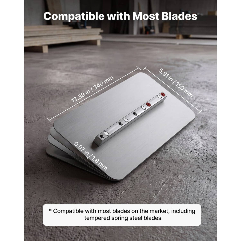 Metal floor trowel blade with mounting holes, suited for concrete smoothing