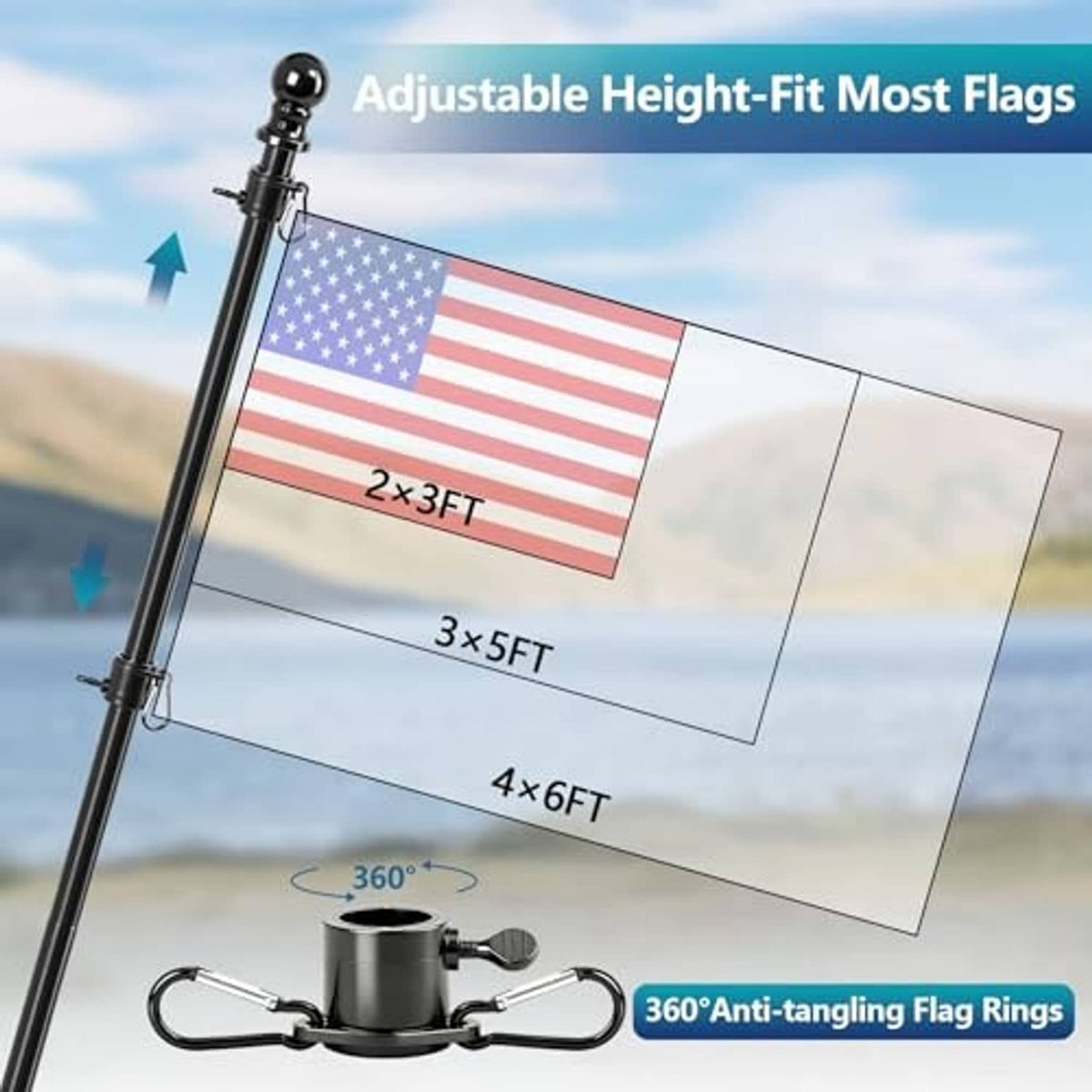 Adjustable RV suction cup flagpole mount with black pole and anti-tangle flag ring