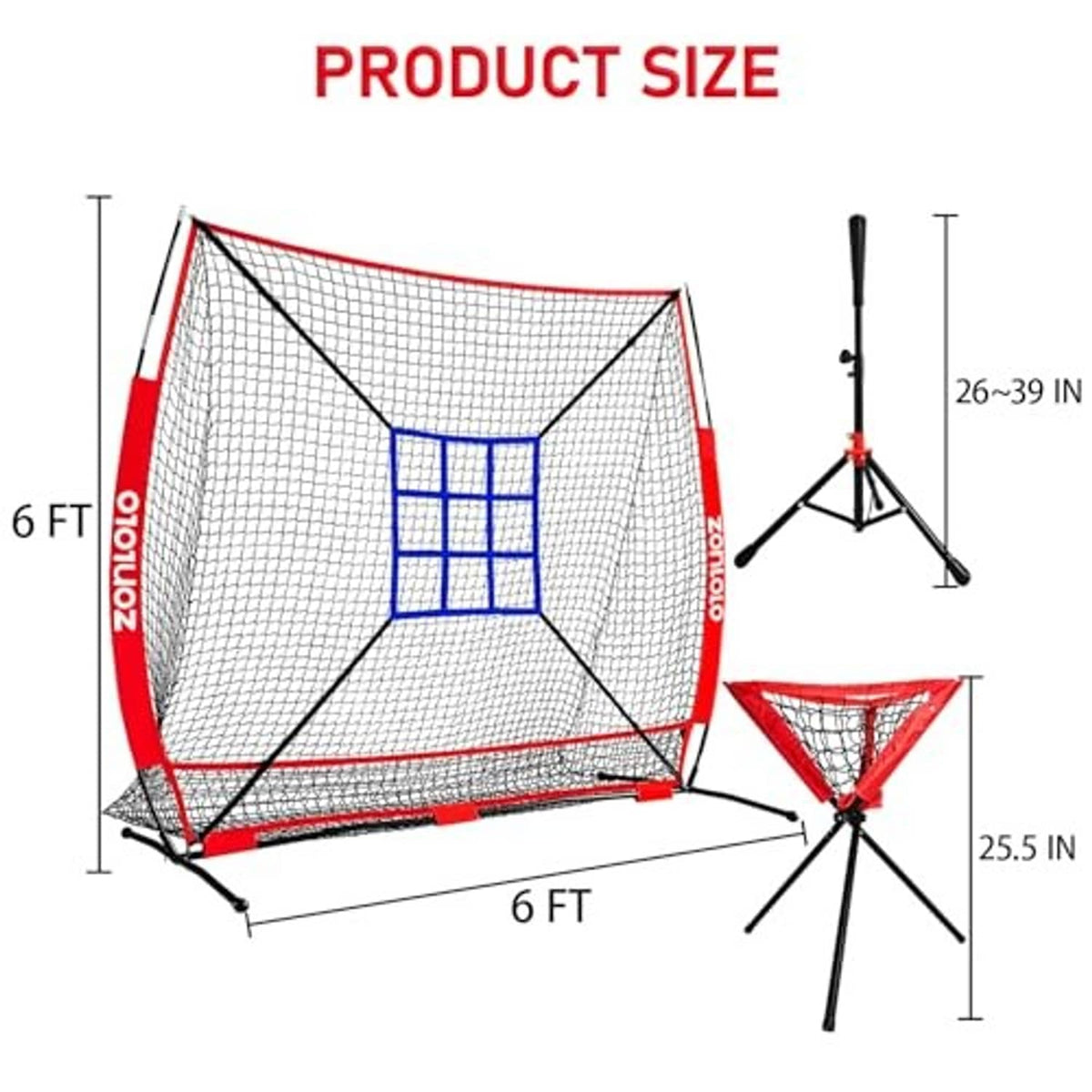 Portable baseball & softball training net with red frame, blue strike-zone grid, tripod stand