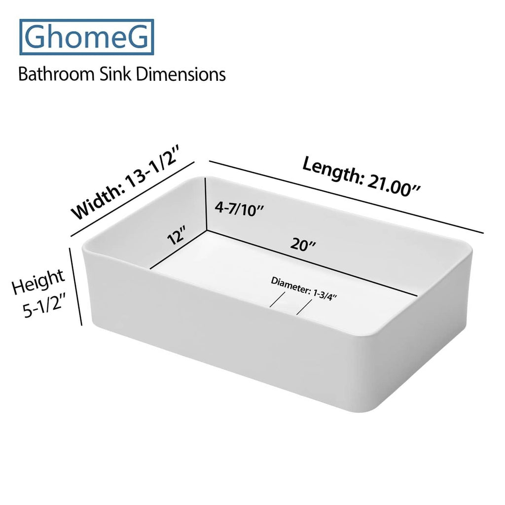 White rectangular bathroom vessel sink, top view with drain hole and measurement outline