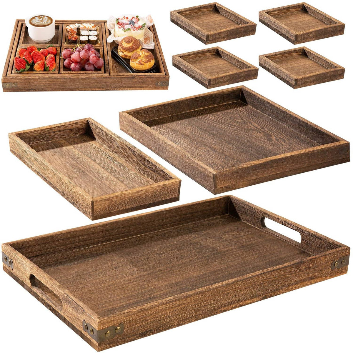 Rustic rectangular wooden serving tray set with side handles, multiple tray pieces shown