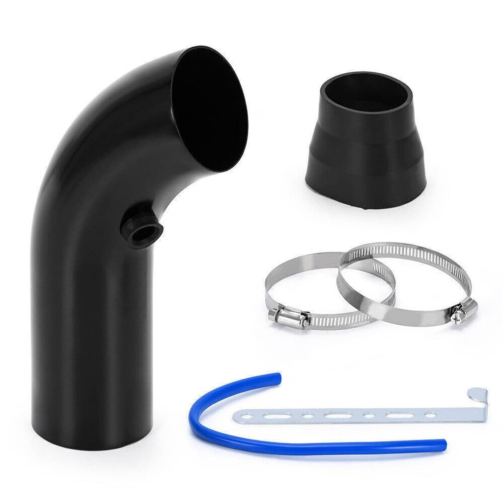 Universal cold air intake kit parts: black intake elbows, blue hose, clamps and mounting strip