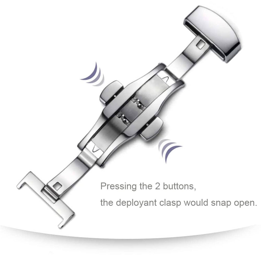 Silver deployant clasp on watch strap end, mechanism and open snap area shown