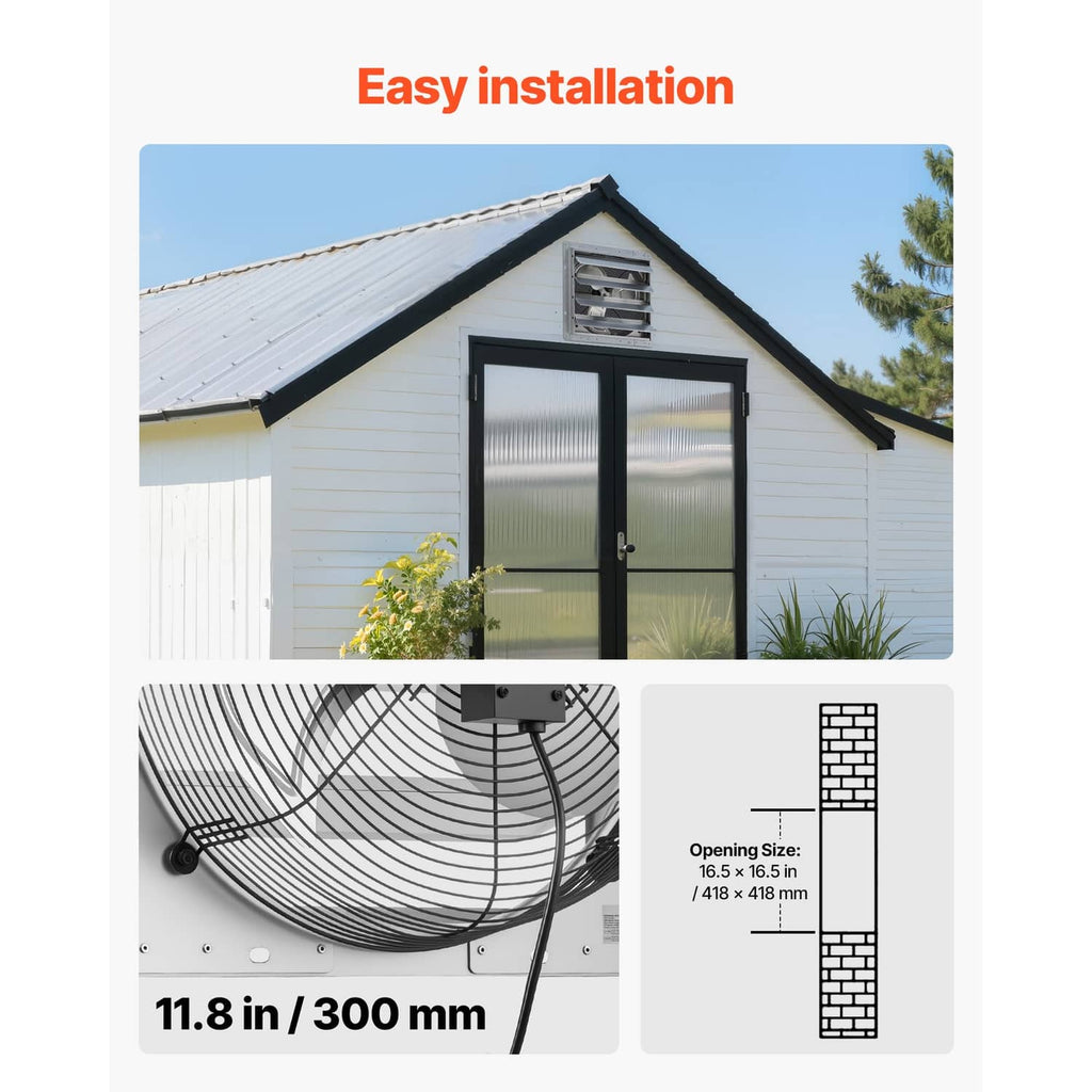 Wall-mounted exhaust fan with louvered steel housing installed under a roof eave