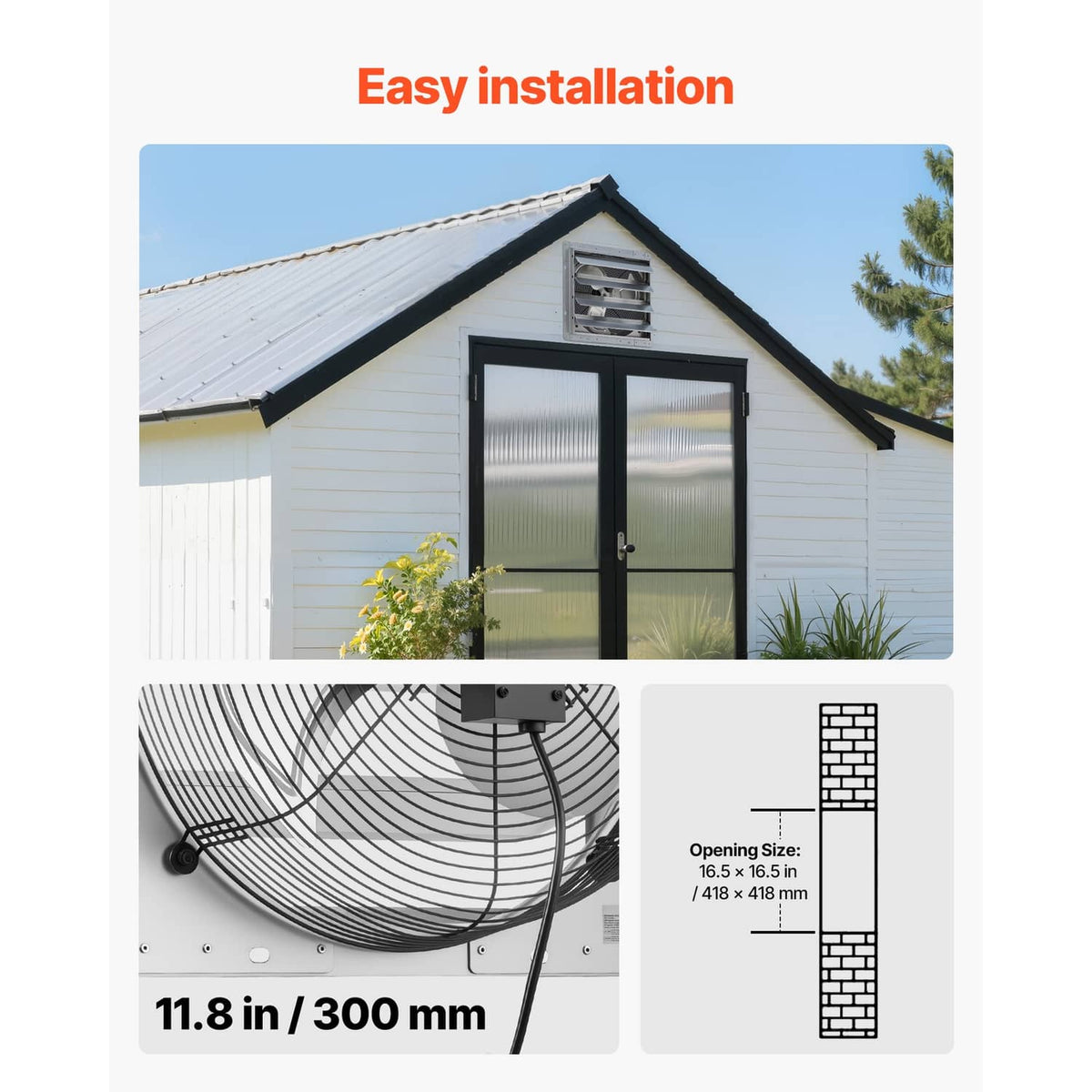 Wall-mounted exhaust fan with louvered steel housing installed under a roof eave