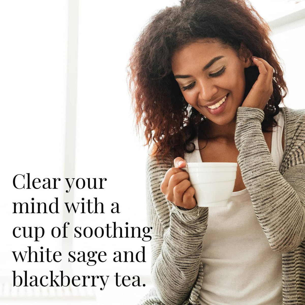 Cup of Blackberry Sage black tea for a soothing, white sage and blackberry flavor