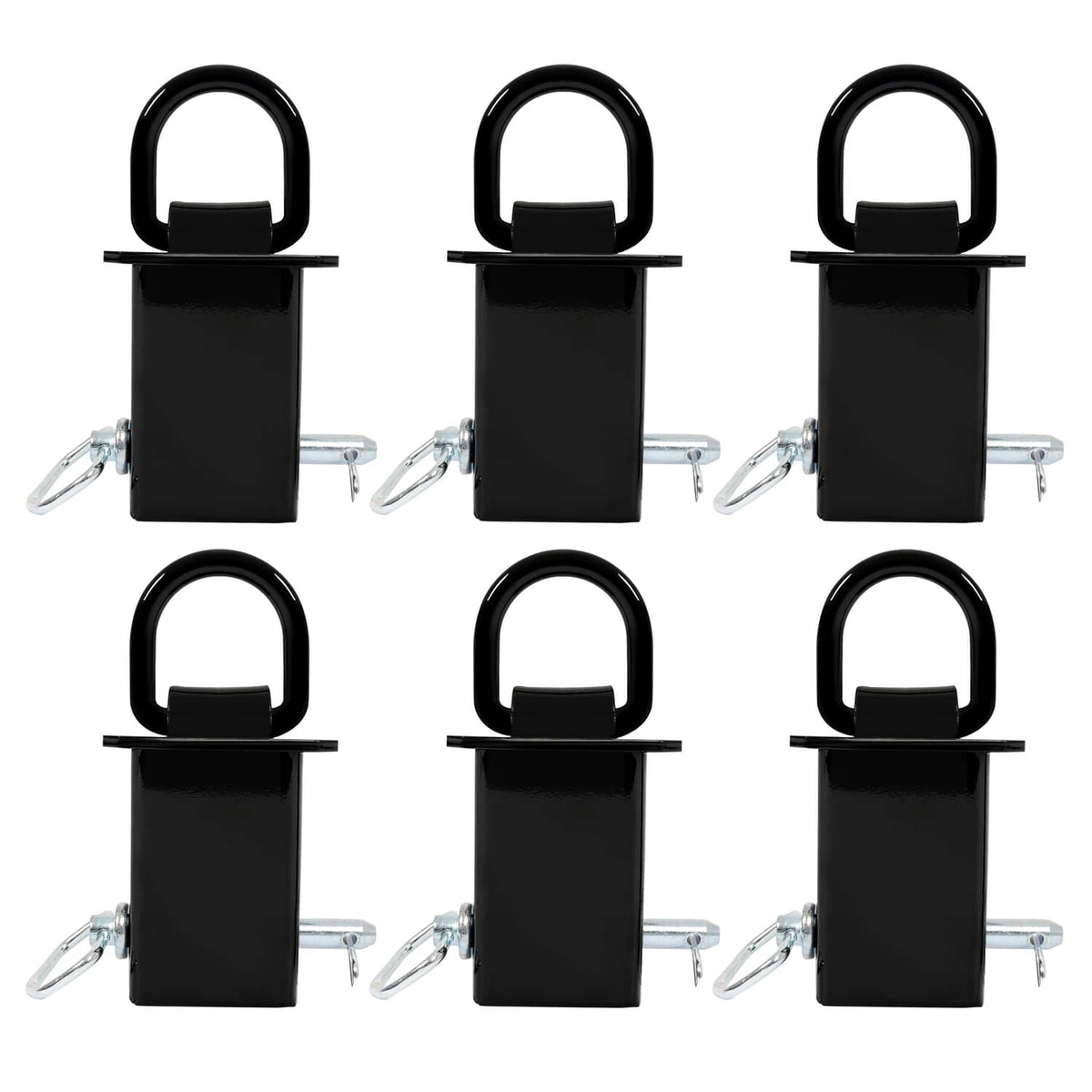 Set of black stake pockets with arched D-ring handles and galvanized latch hardware