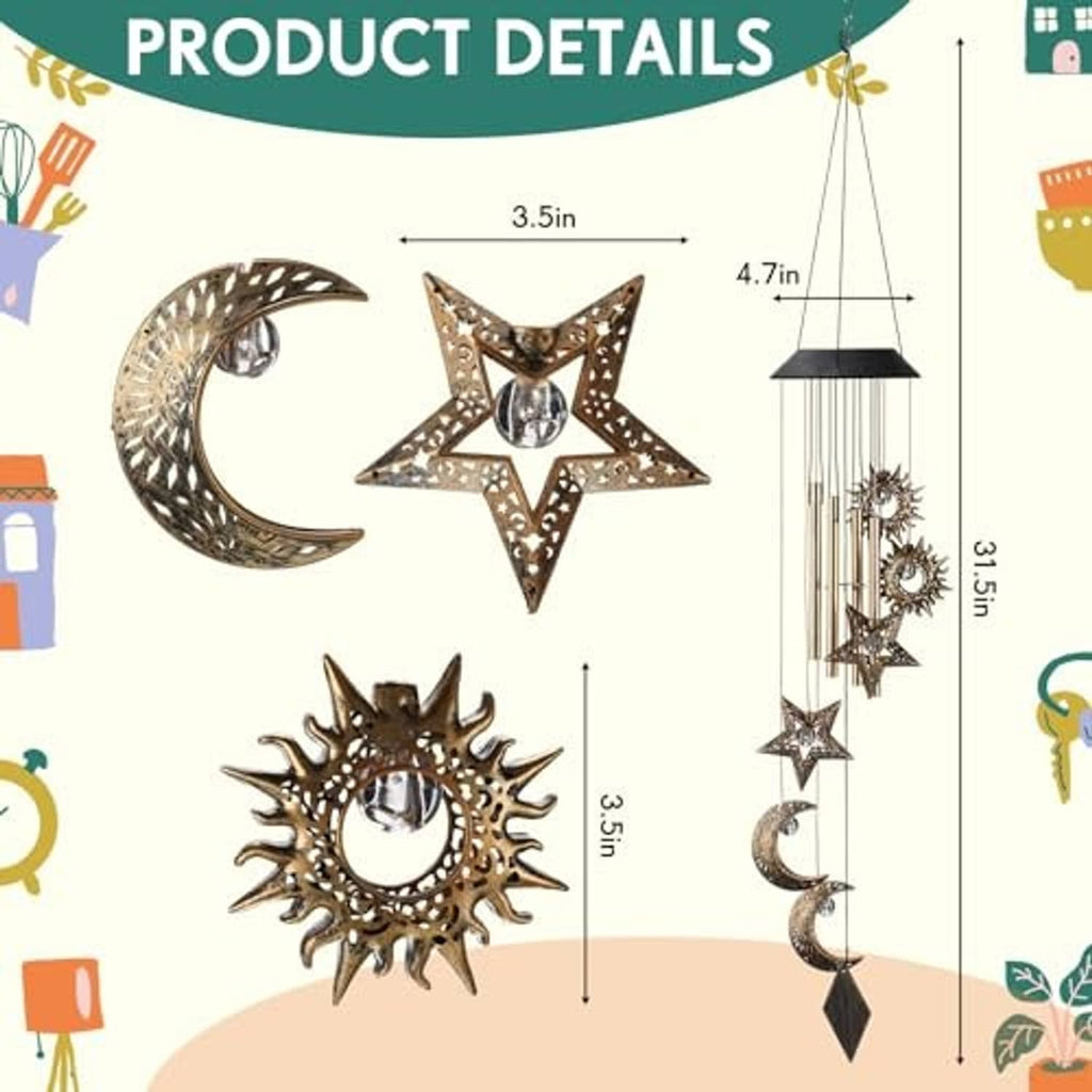 Decorative wind chime parts: crescent moon, star, sun ornaments, and hanging rods