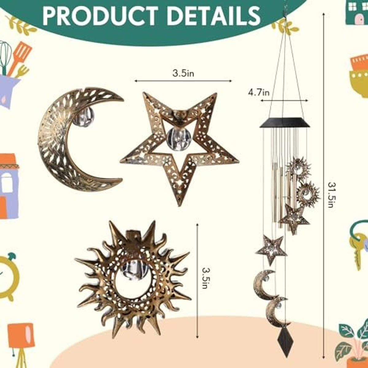 Decorative wind chime parts: crescent moon, star, sun ornaments, and hanging rods
