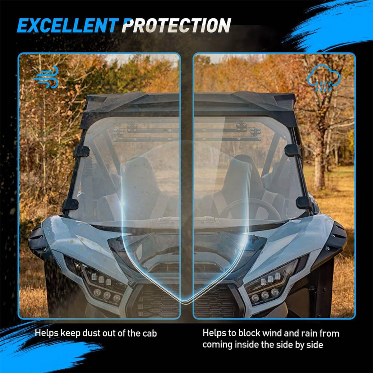 Front windscreen for UTV with clear panel to help block dust and rain