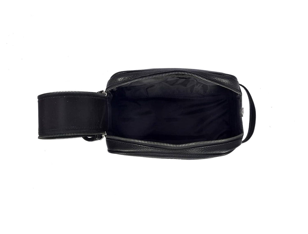 Black leather toiletry pouch open, showing inner lining and zipper closure