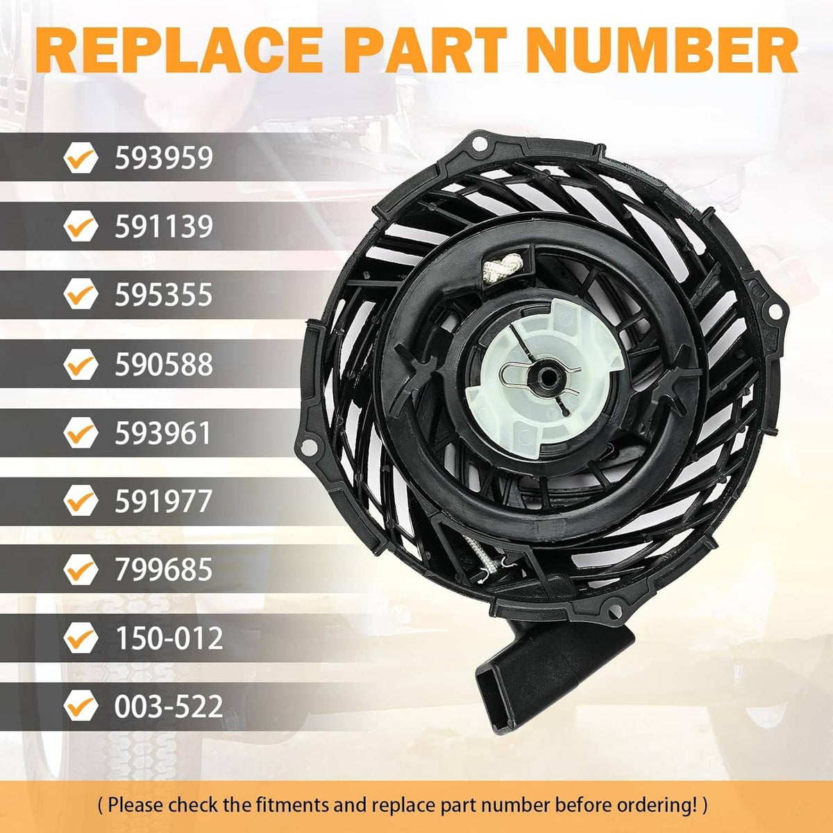 Black recoil starter assembly with front fan cover and mounting housing