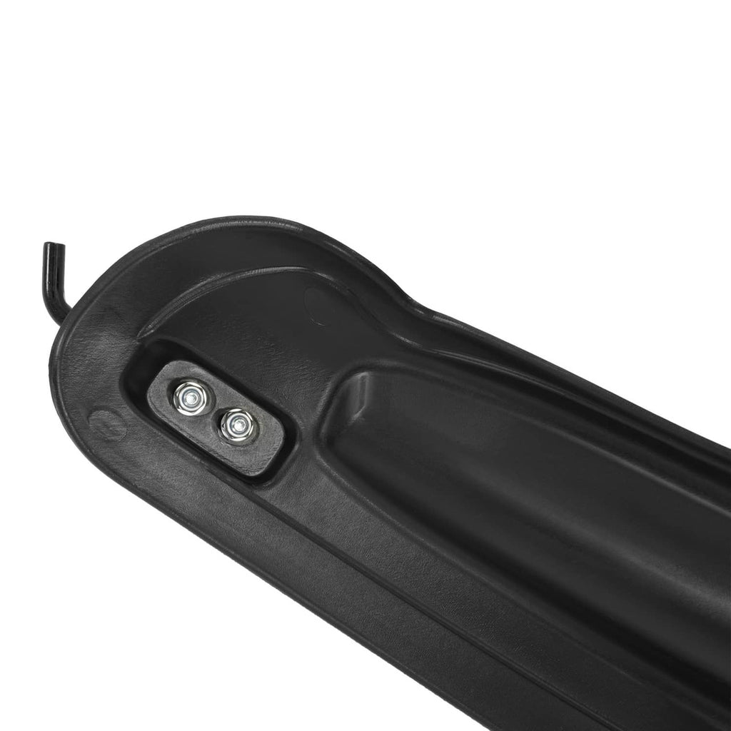 Black mulching blade underside with two mounting holes and curved deck edge
