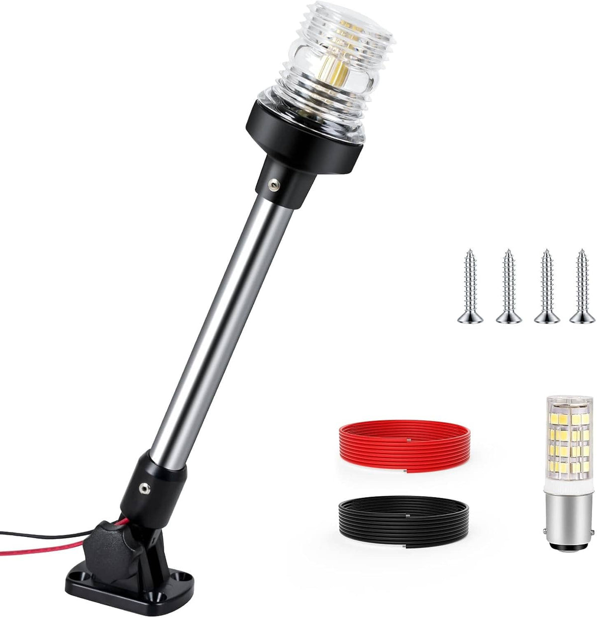 12-inch boat stern anchor light with clear lens, chrome pole, and black foldable base