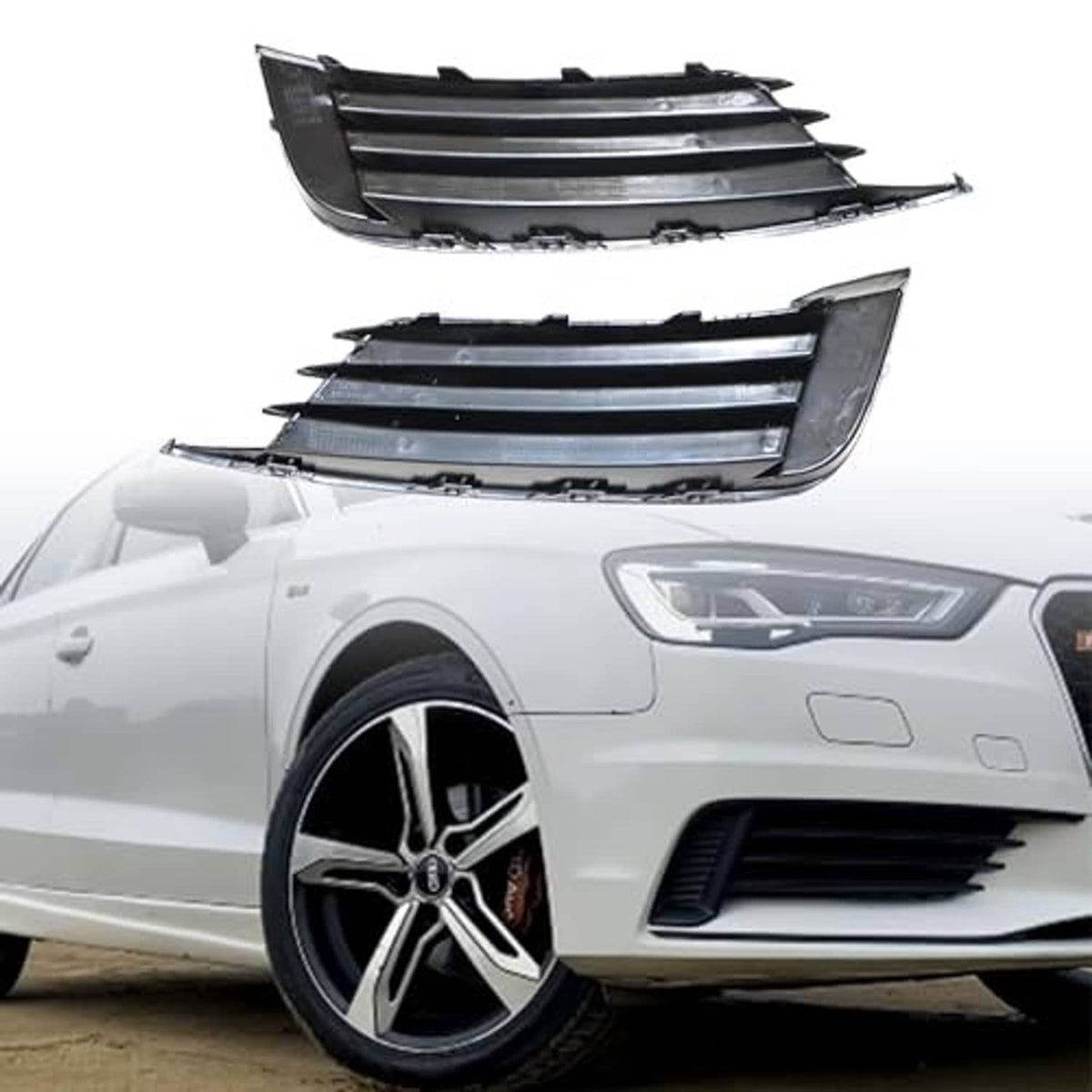 Front bumper lower grille inserts installed on a car, black with horizontal slats