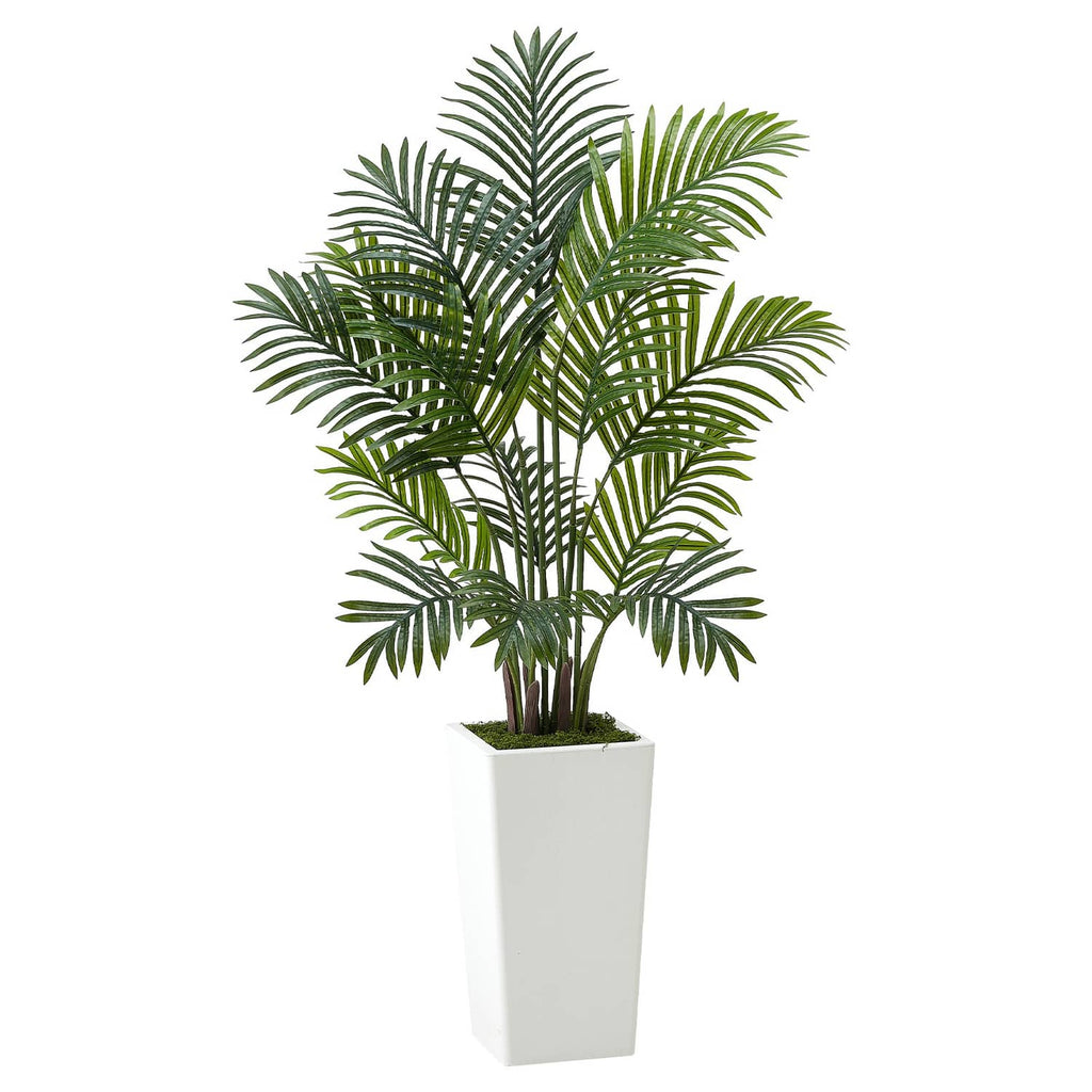 Artificial areca palm tree with green fronds in a white square pot