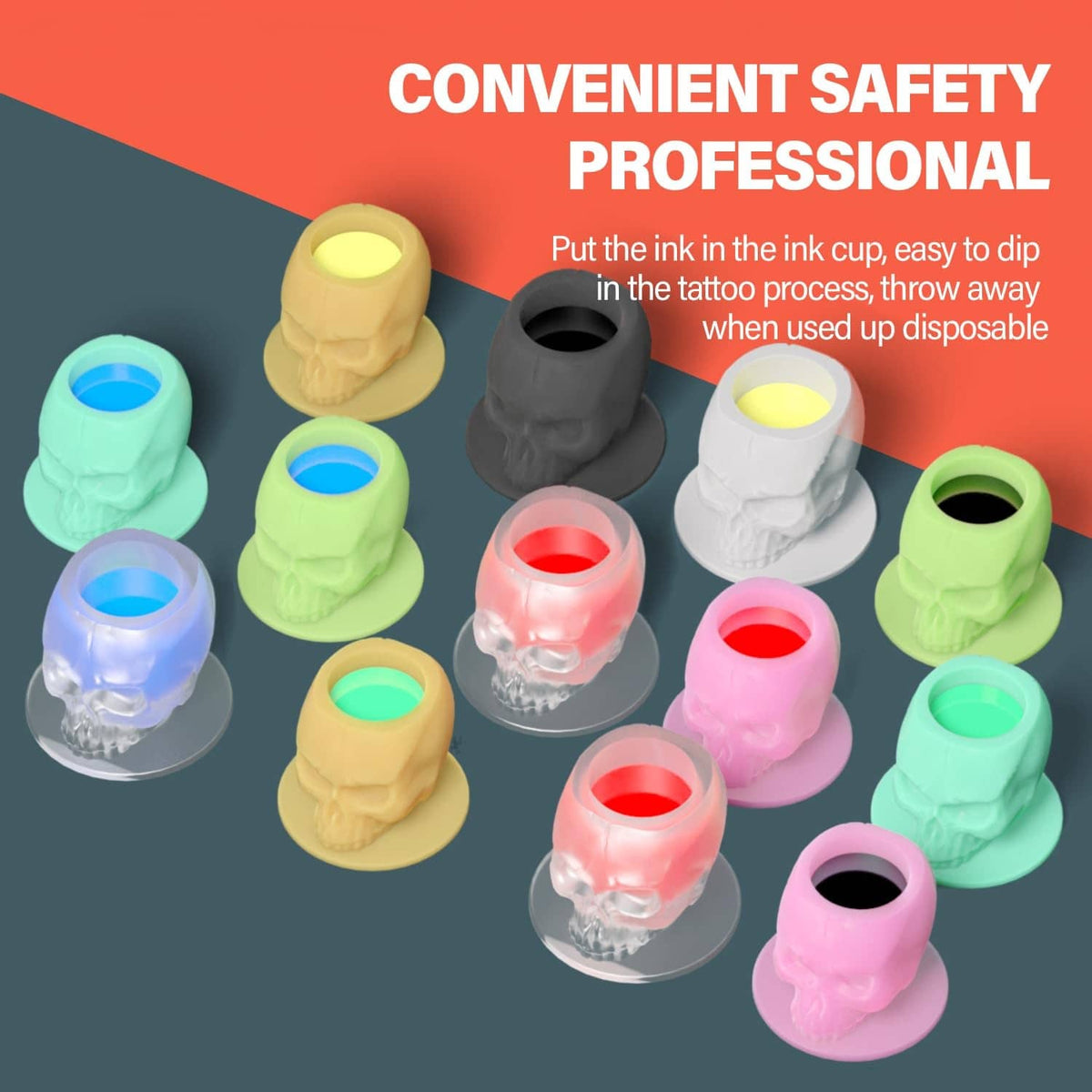 Colorful disposable silicone tattoo ink cups with skull-shaped bases and open wells.