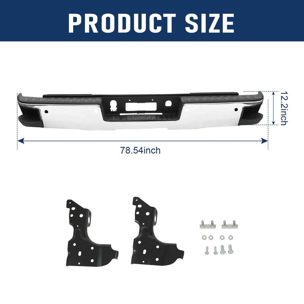 Rear step bumper with black lower trim and center sensor/plate openings, size shown
