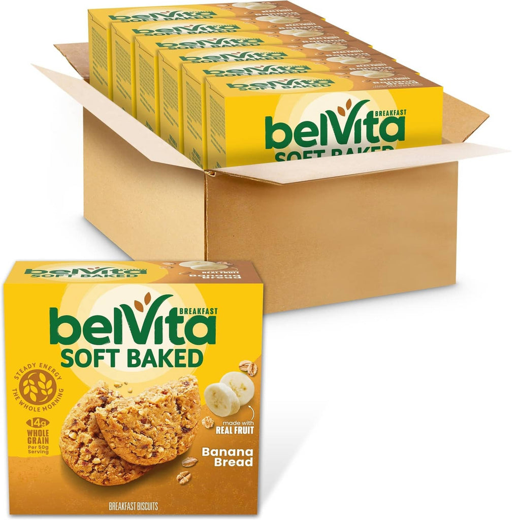 Belvita Soft Baked Banana Bread breakfast biscuit boxes, stacked in a cardboard tray