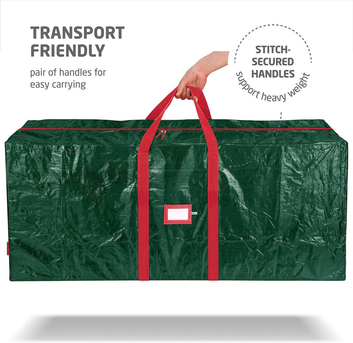 Green Christmas tree storage bag with reinforced stitched handles and front center patch