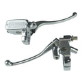 Chrome hydraulic brake master cylinder lever with silver housing and black lever grip