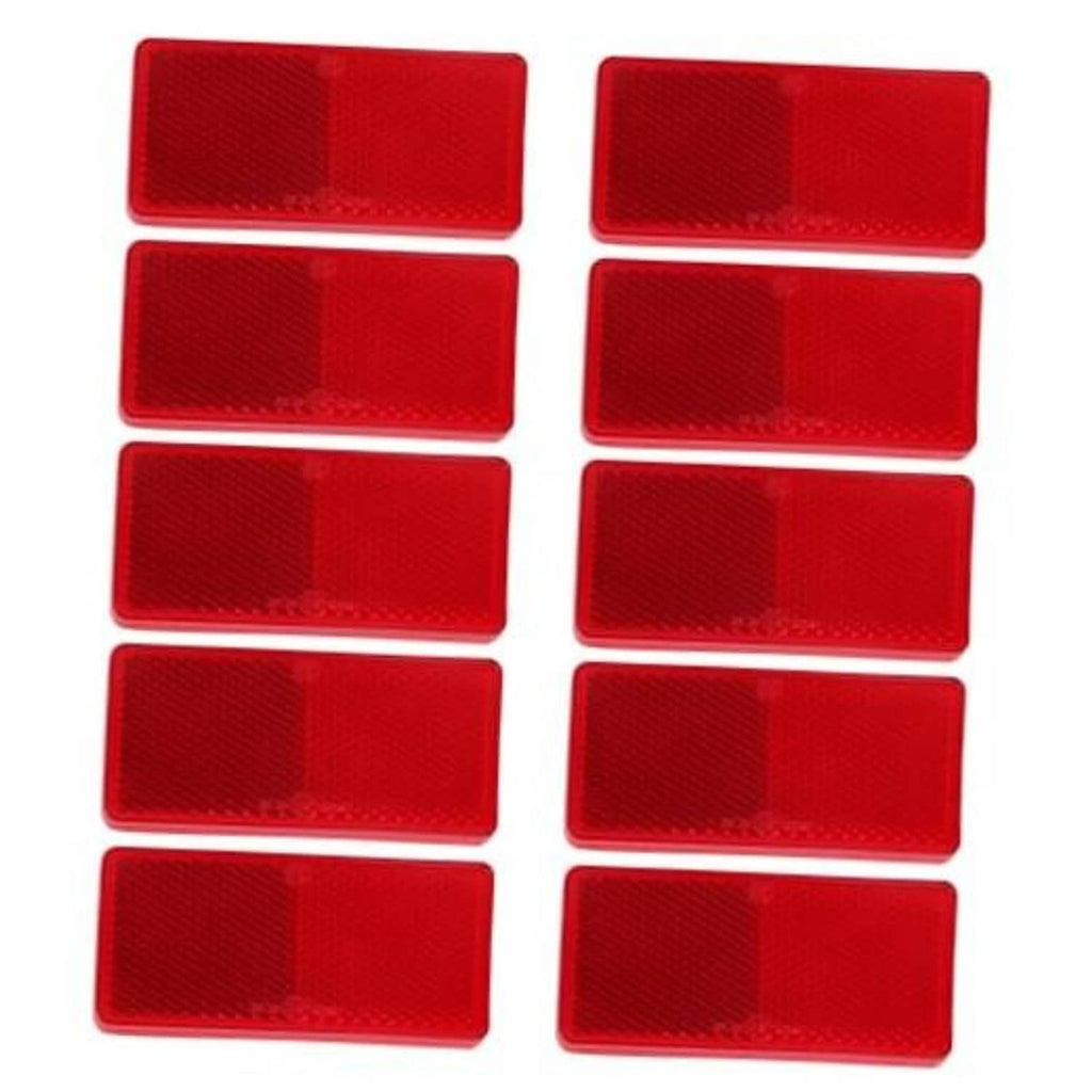 Red rectangular adhesive bike reflectors, 10-pack, glossy plastic with reflective surface