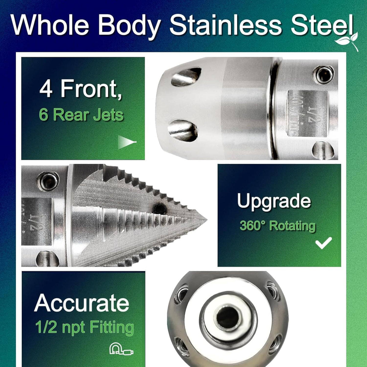 Stainless steel sewer jetter nozzle with multiple front and rear jet openings