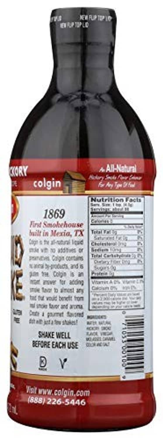 Colgin Liquid Smoke bottle back label with Nutrition Facts and Shake Before Each Use text.