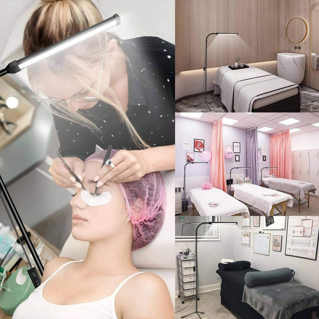 LED floor lamp with slim bar light head and adjustable arm over beauty work area