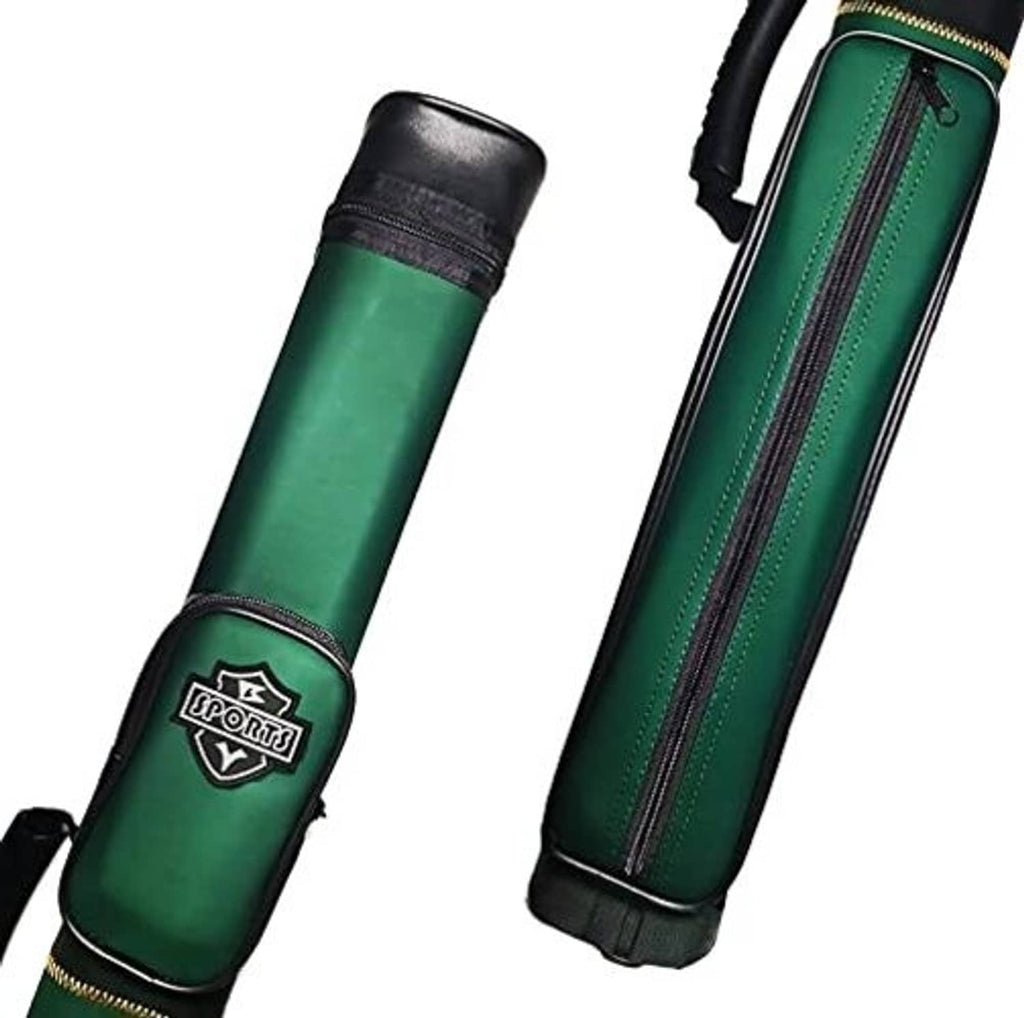 Green cue case with black end cap, front zipper pocket, and logo patch detail.
