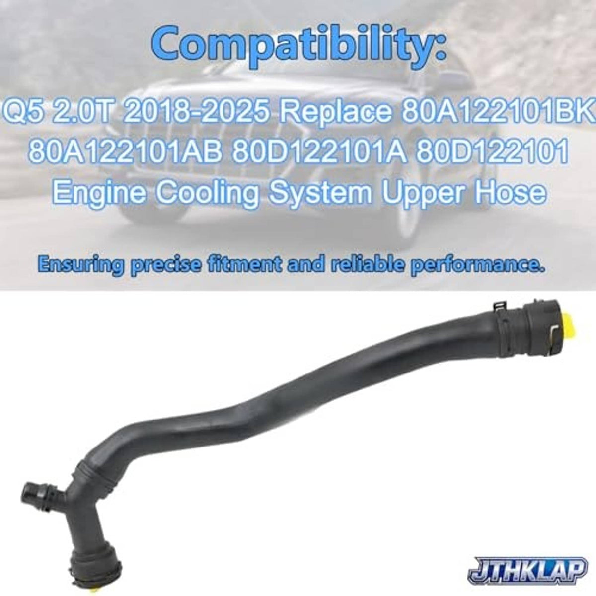 Black upper radiator coolant hose with ribbed surface and two hose-ring ends