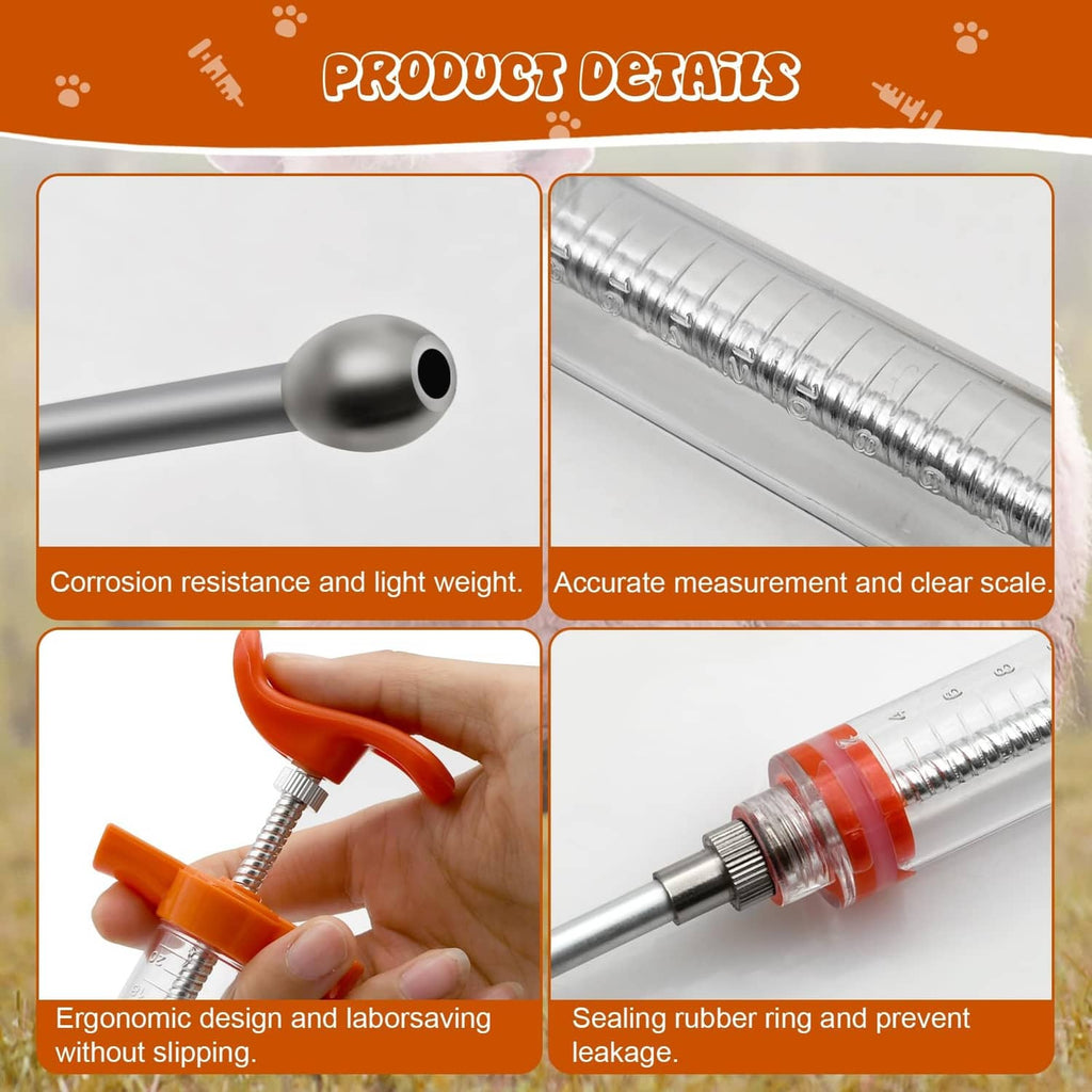 Orange drench syringe gun with clear cylinder, ribbed metal barrel, and rubber seal