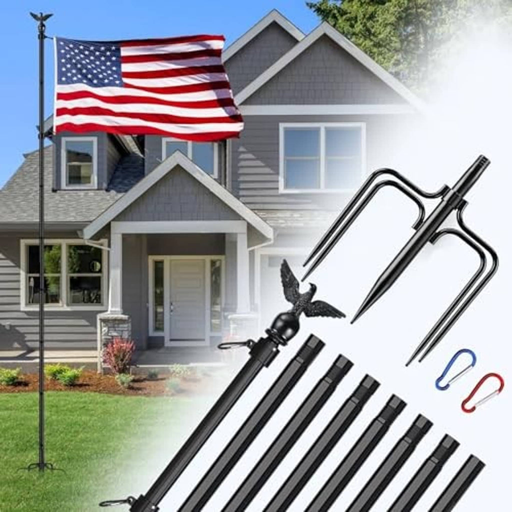 Black flagpole pole system with spike base and mounting hardware for outdoor use