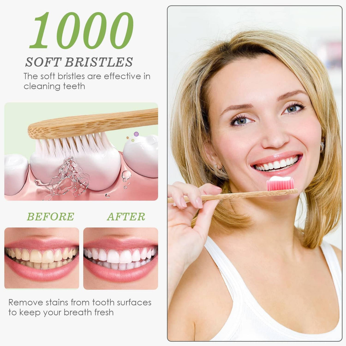 Bamboo toothbrush with pink soft bristles shown near teeth for cleaning