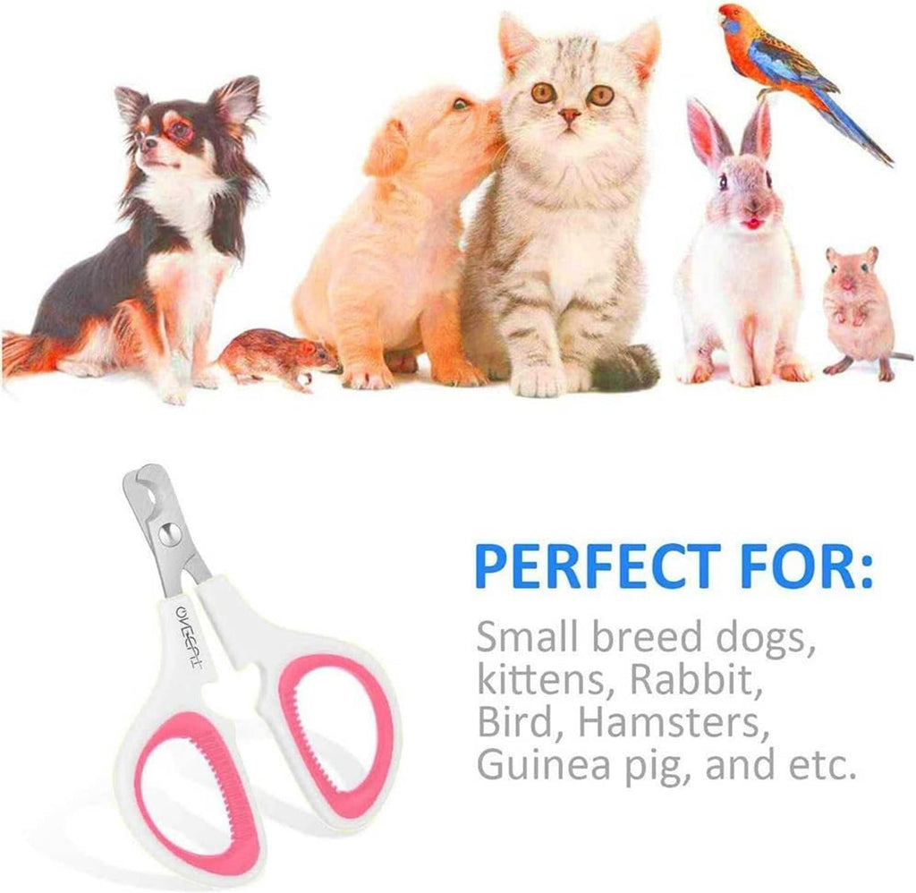 Pet nail clippers with pink finger loops and curved blades, shown with small pet icons