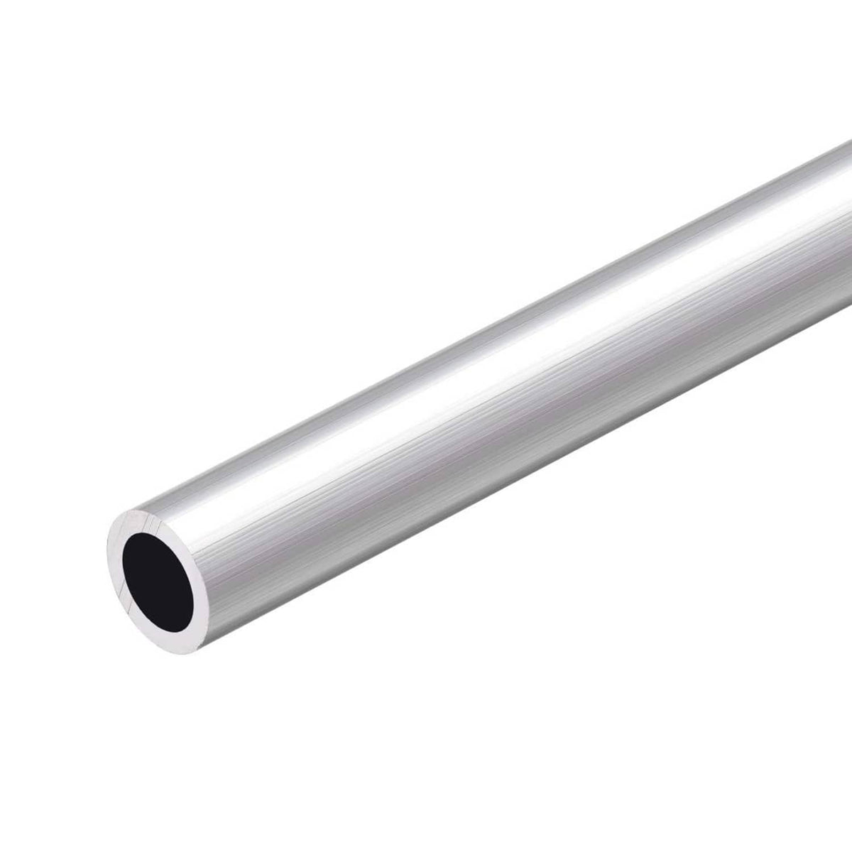 Silver aluminum round tube with open end, dark hollow interior