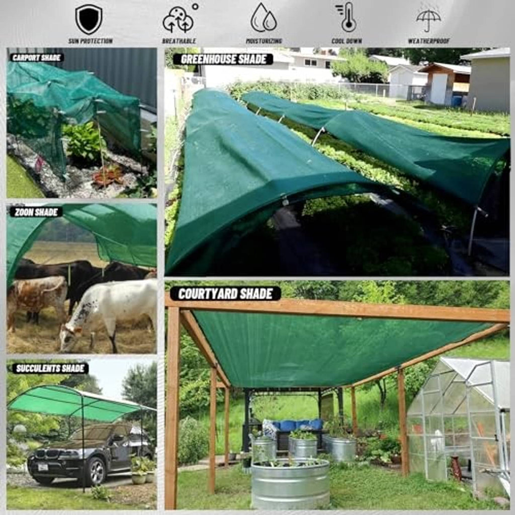 Dark green mesh shade tarp stretched over an outdoor frame with grommet corners.