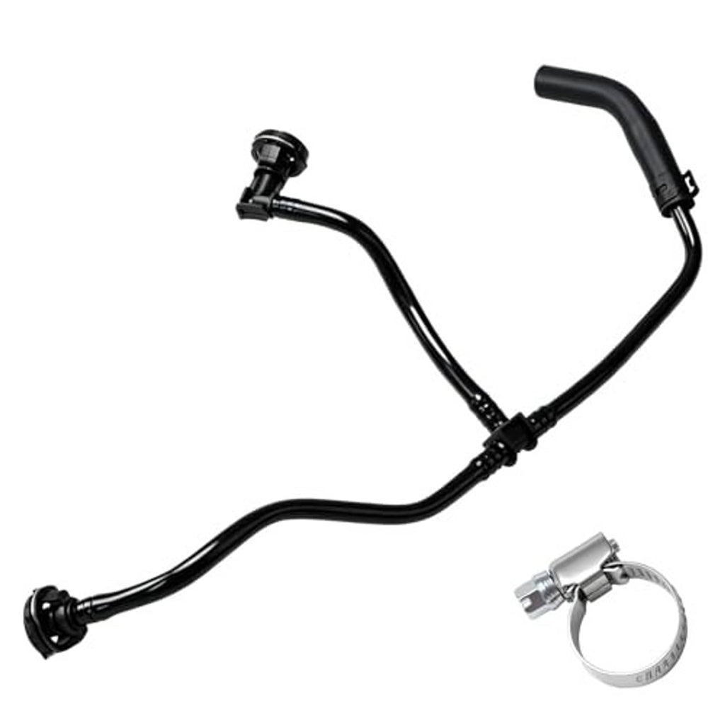 Black coolant expansion hose with two end fittings and metal hose clamp