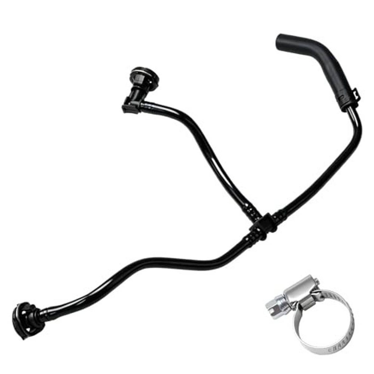 Black coolant expansion hose with two end fittings and metal hose clamp