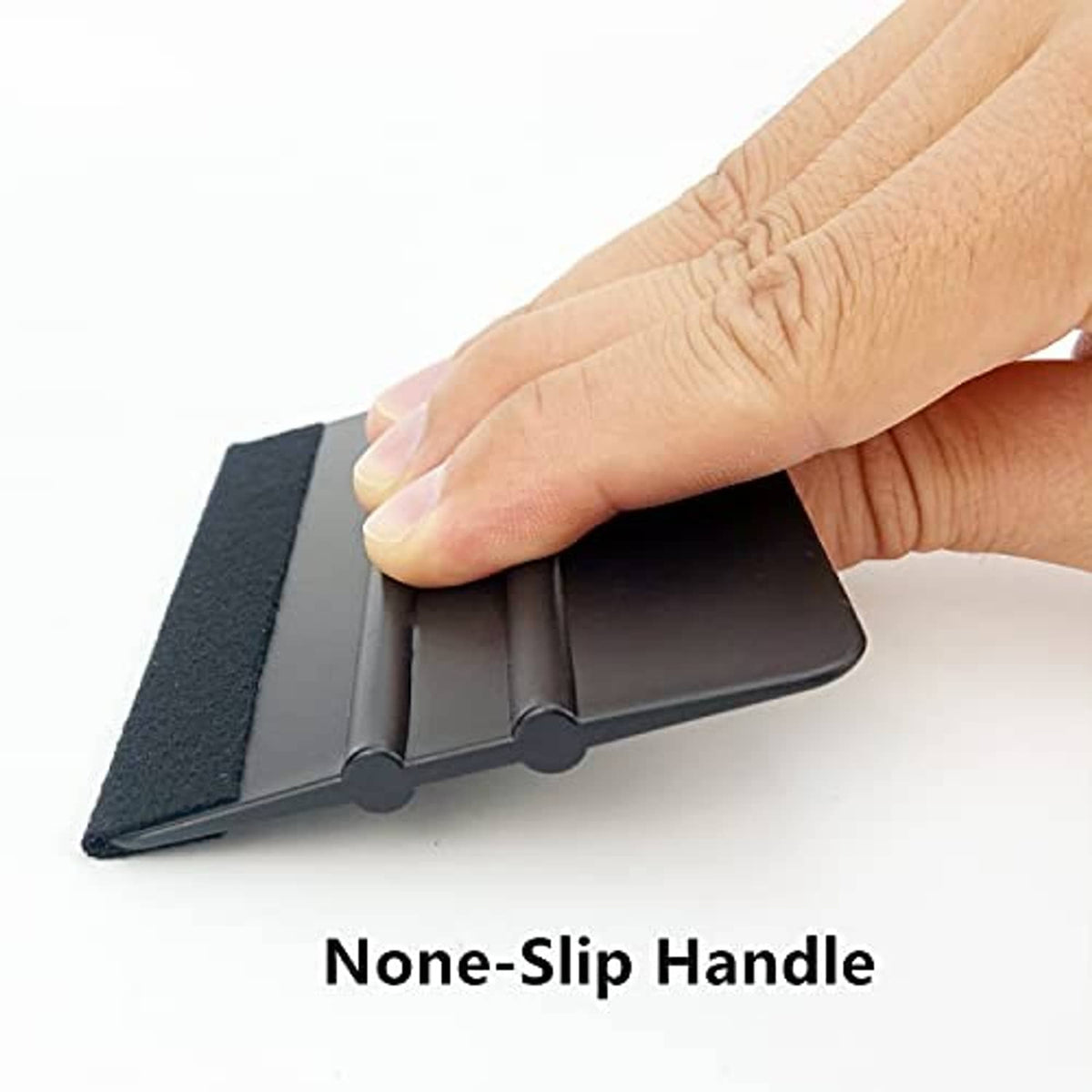 Vinyl squeegee tool with non-slip handle, held for smooth scraping