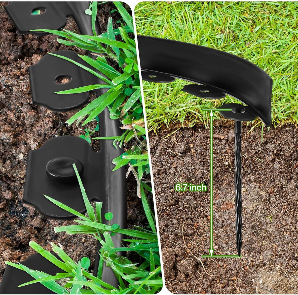 Black plastic landscape edging with steel spikes near grass and soil, roadside border style.