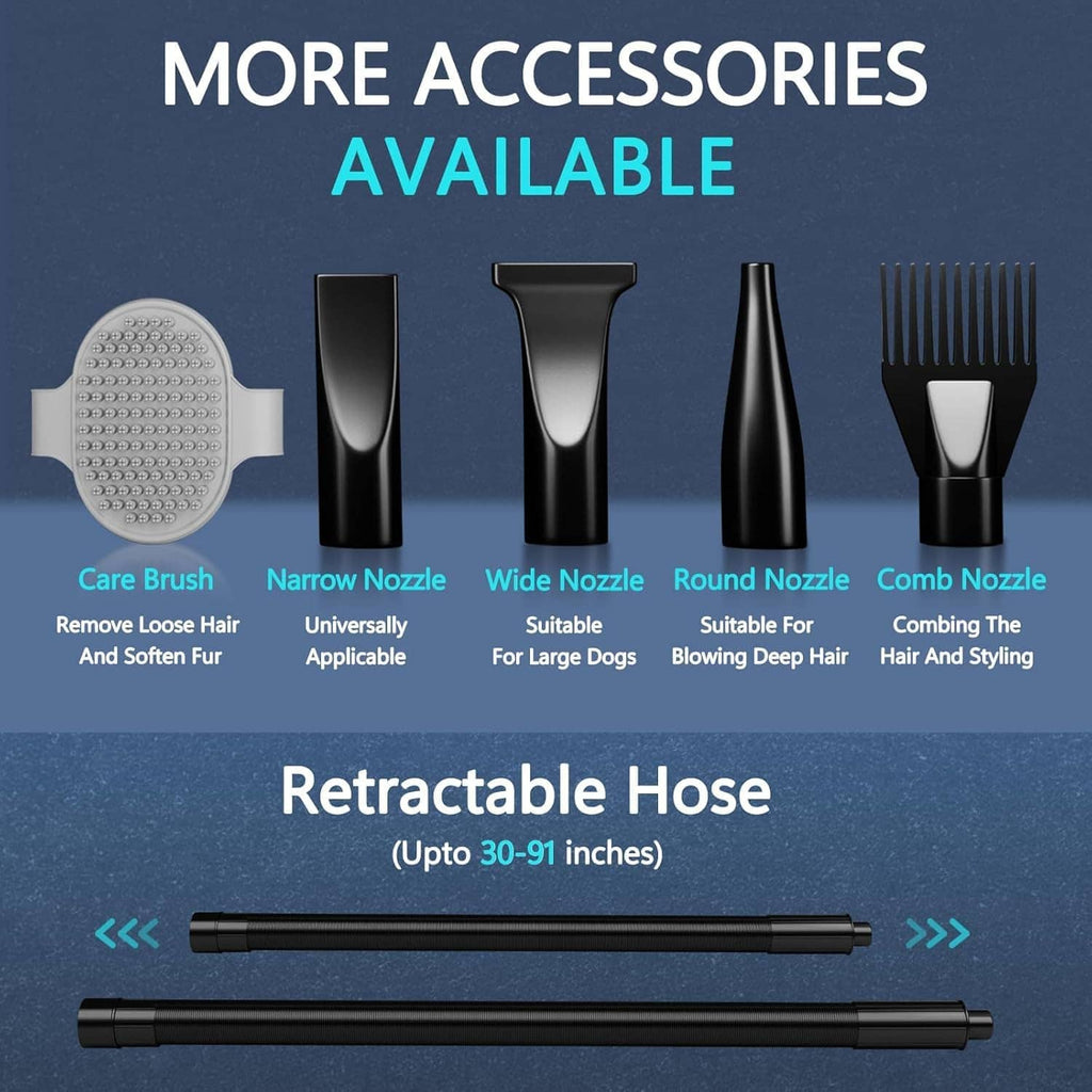 Dog grooming dryer accessories with retractable hose and multiple nozzle attachments