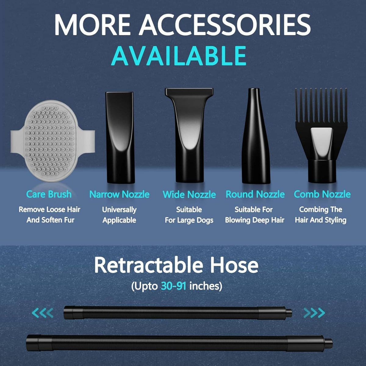 Dog grooming dryer accessories with retractable hose and multiple nozzle attachments