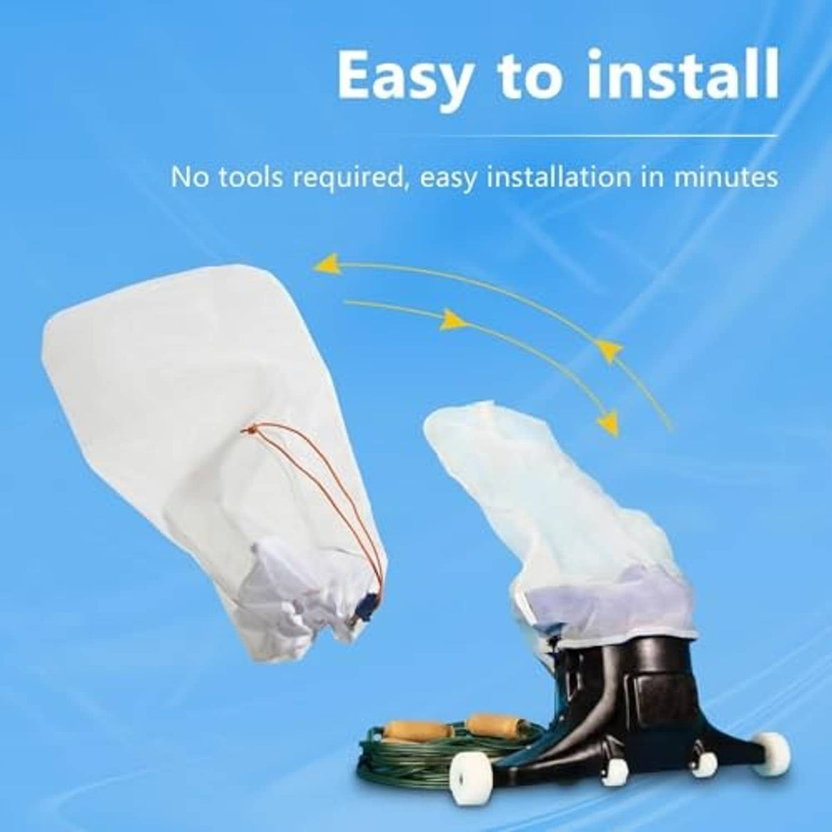 Two white pool vacuum debris bags with orange drawstring cords, open top.