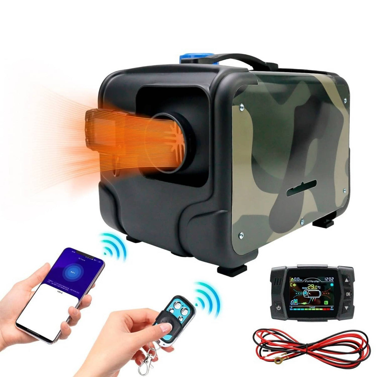 Camouflage diesel air heater with orange heat fan outlet and Bluetooth controller shown