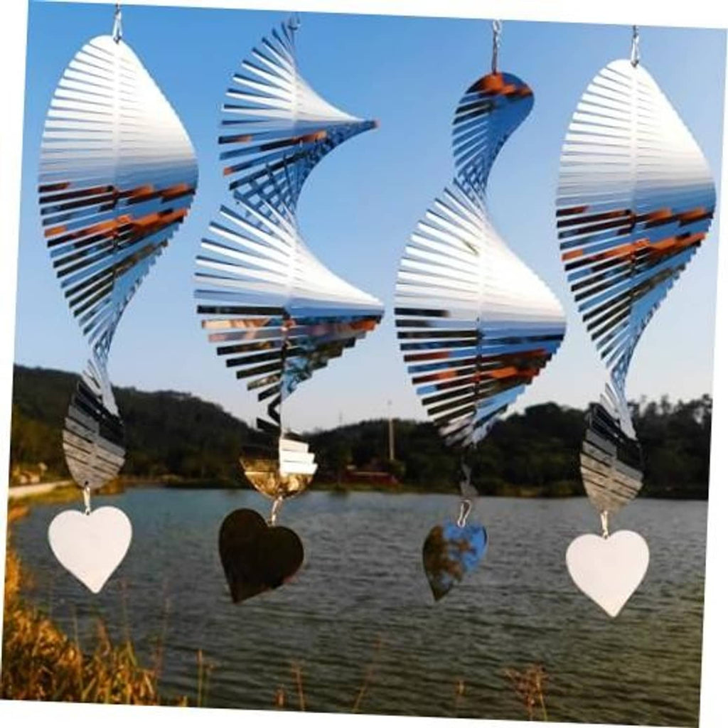 Bird deterrent mirror wind spinner with heart charm, reflective wing-like shape