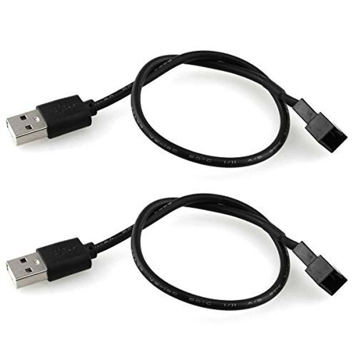 Two black USB-A to 3-pin PWM fan cables with flat 3-pin plug ends