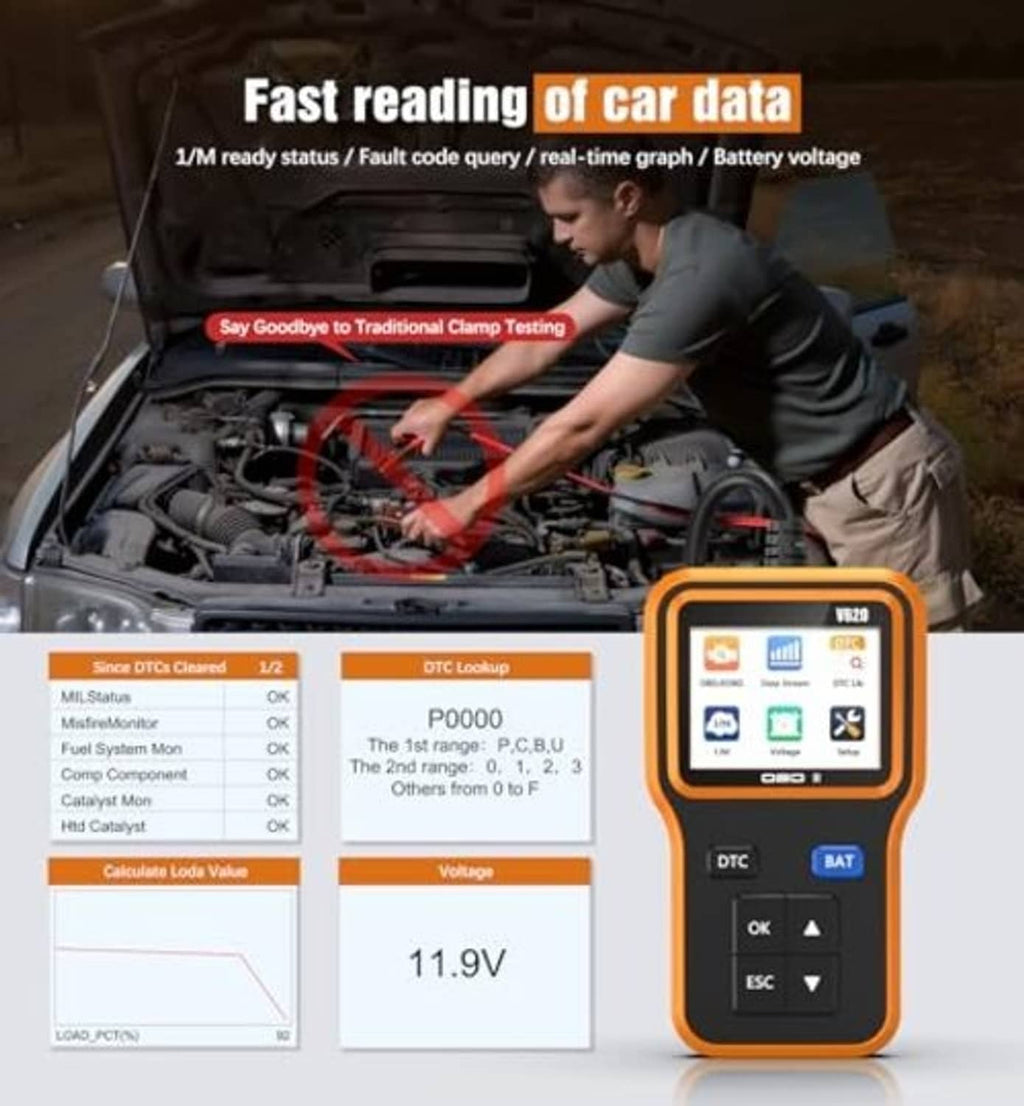 Orange handheld OBD2 scanner with screen showing diagnostic data and DTC/BAT buttons