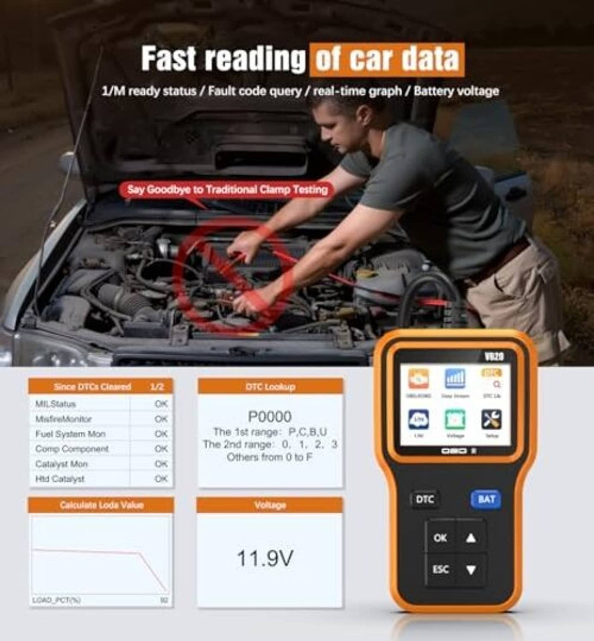 Orange handheld OBD2 scanner with screen showing diagnostic data and DTC/BAT buttons