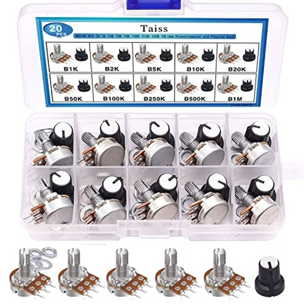 Potentiometer kit with assorted rotary knobs, metal shafts, and brown circuit boards
